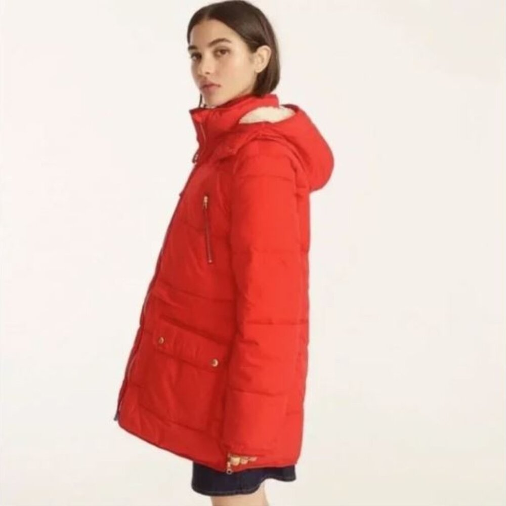 J. Crew Chateau Puffer Jacket with PrimaLoft Hooded Coat Red / Pink AF012 S